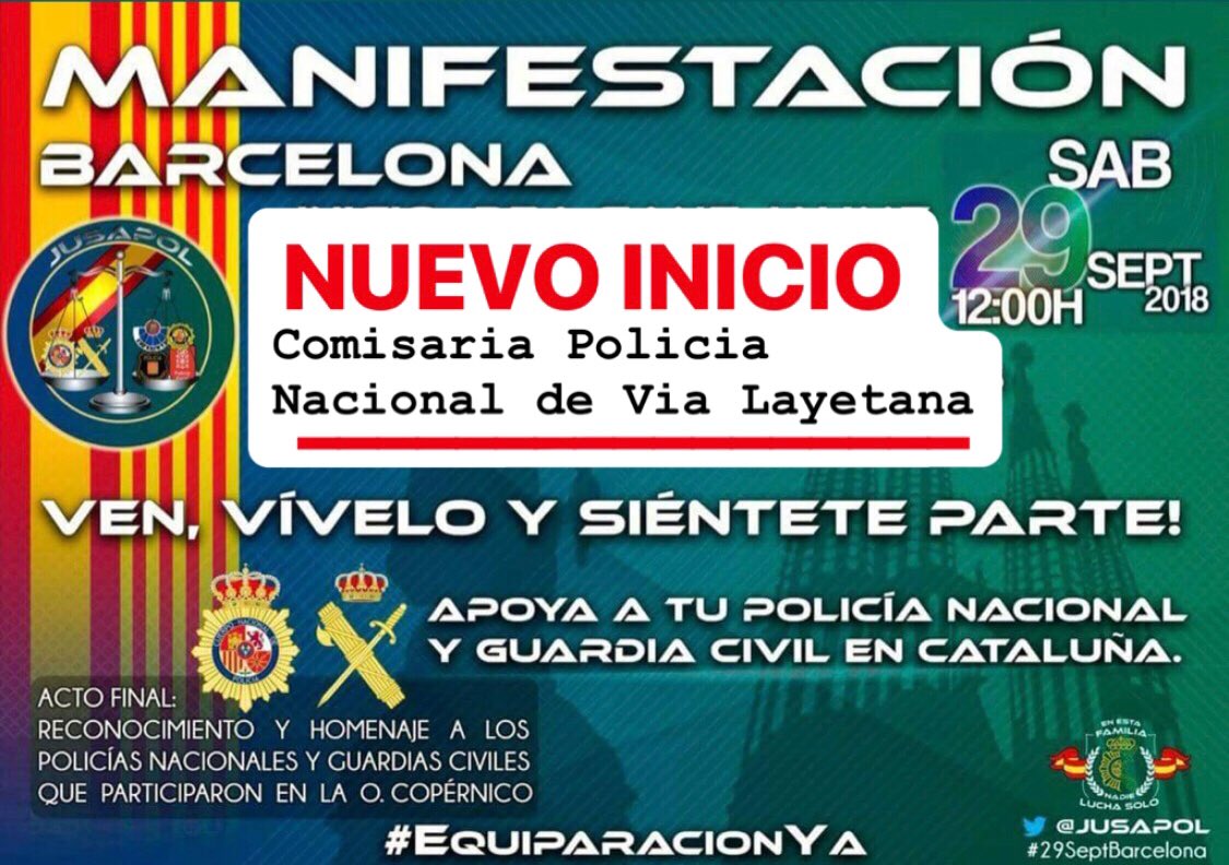 losdeartos_'s tweet photo. 🚨RECUERDA🚨
NUEVO INICIO ➡️ Comisaria de Policia Nacional en Via Layetana a las 12h todos con @jusapol en la manifestación del #29SeptBarcelona #equiparacionya para darles apoyo y rendir homenaje a todos los agentes de @policia y @guardiacivil de la Operación Copérnico https://t.co/VPsLzpUPgh