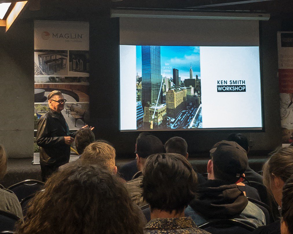 QDADesignTO's tweet photo. We attended @KenSmithWorkshop’s talk “Vertical Landscapes, Social Urbanism &amp; Camouflage” @ UofG hosted by @SEDRD &amp; @MaglinFurniture. Ken stopped by the QDA office to take in our unique view of the iconic Yorkville Park he designed with @MarthaSchwartz &amp; @MeyerStudioLA. @OALA_ON https://t.co/5JzUhsMZ6o