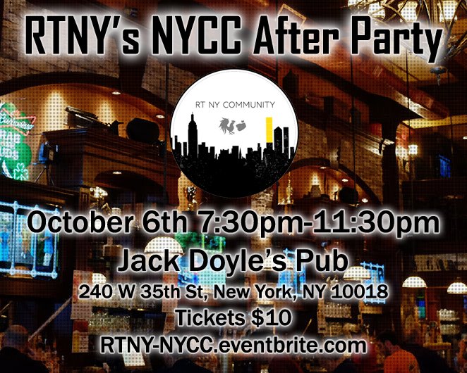 ChaosAndBagels's tweet photo. To anyone in the NYC area, We're hosting an #NYCC After Party on Saturday October 6th. Tickets are $10 and everyone is welcome. We hope to see you there. https://t.co/tJcMPIRz4V #NYCC2018 #RTNYCC #RWBY @RTW_ICD @RoosterTNJ @RTCommunityNews @RoosterSpeak @g1_Gamedays @KindaNYC https://t.co/l76uemoNUr