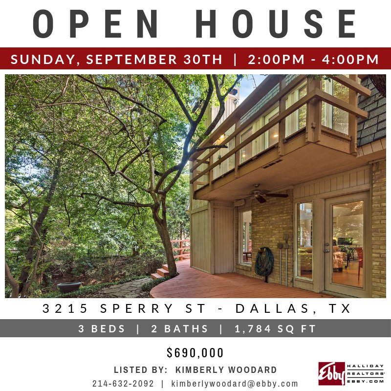 EbbyHallidayPWB's tweet photo. OPEN HOUSE at 3215 Sperry St. in Dallas this Sunday 9/30 from 3-5pm! Take a tour at https://t.co/1PJcVc6LTd

#DallasHomes  #DFWRealEstate  #DallasOpenHouse  #DallasRealEstate  @EbbyHallidayPWB https://t.co/HDgfjj6xoR