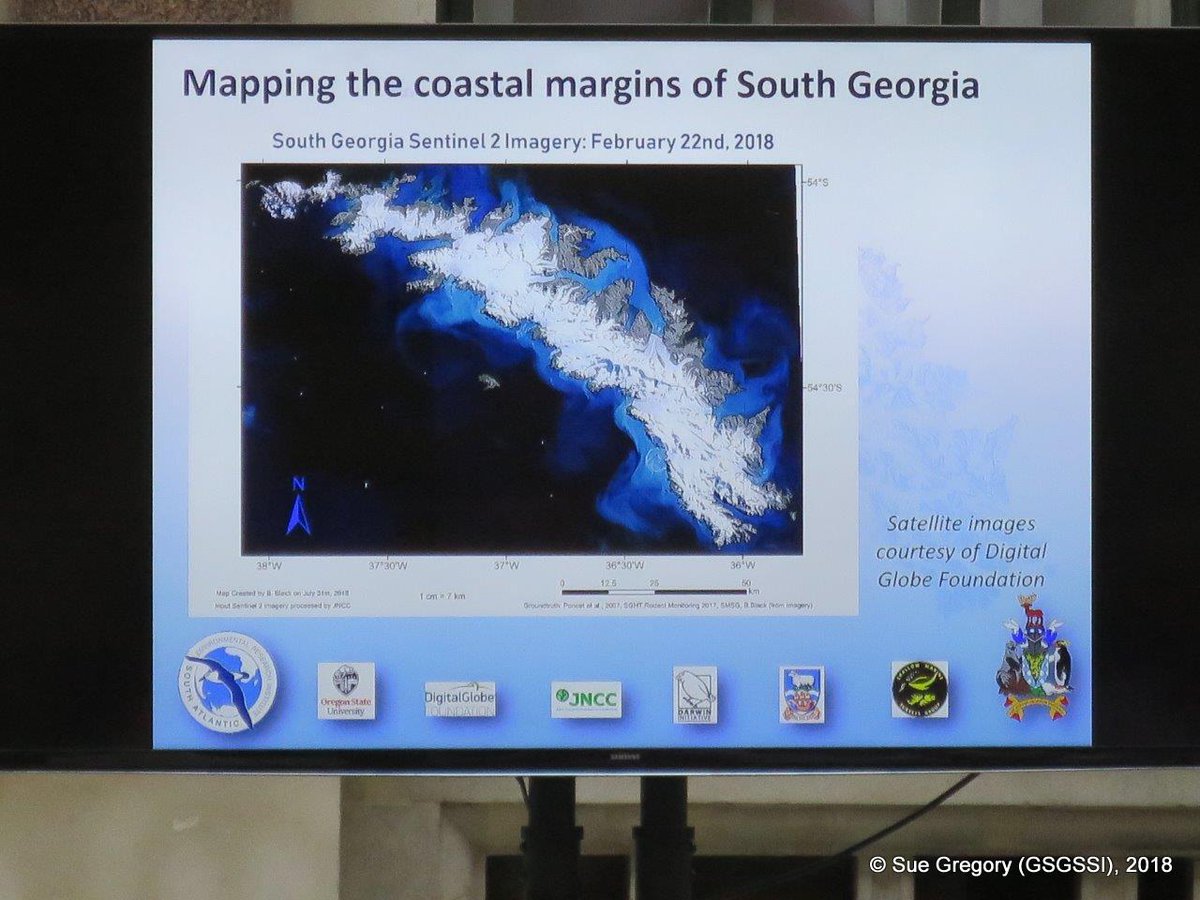 SAERI_FI's tweet photo. Fantastic to see the @GovSGSSI CEO showcasing @Darwin_Defra #SouthAtlanticCoastalMapping project outputs at the GSGSSI Stakeholder Event hosted by @foreignoffice, the first comprehensive #Sentinel2 derived broadscale #habitat map for South Georgia. #FridayFact #FridayMotivation https://t.co/jrjhlOydLf
