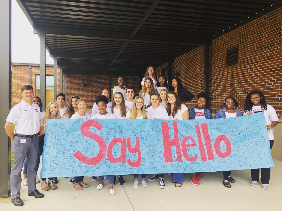 PeerThs's tweet photo. Small but powerful actions- THS students signed a banner pledging to Say Hello to someone they don’t usually speak to and celebrated our similarities with a We Are One white-out day #startwithhello https://t.co/Fup21sMjO2