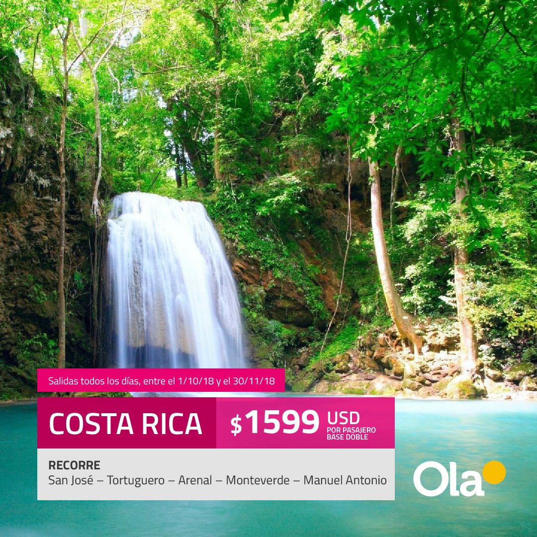OlaTurismo's tweet photo. ¡Combiná! Sumale a este circuito el vuelo de @LATAM_ARG y disfrutá tus próximas vacaciones en Costa Rica ✈ . Clickeá en "Más información" ⬇ para saber cuál es tu agencia más cercana. #ViajáConOla https://t.co/Qu1wU900vj