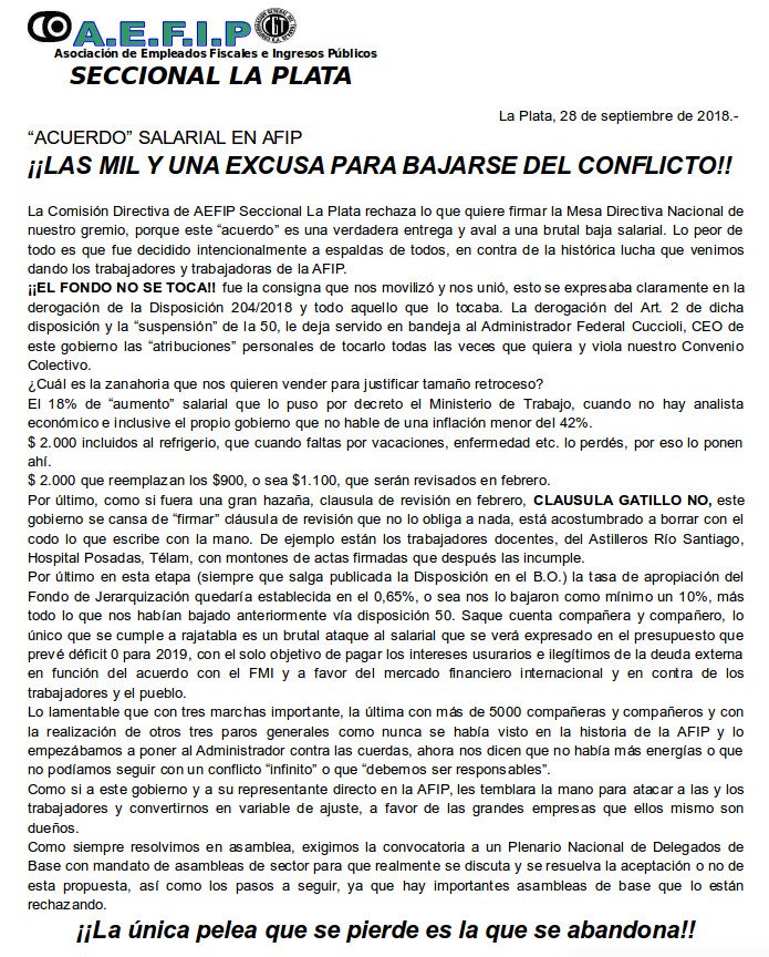 #Noalrecortesalarial #NoAlAjusteEnAFIP #AjusteEnAfip #AFIP
@aefipc <a href="/AEFIPBahia/">AEFIP Bahía Blanca</a> <a href="/AfipCpo/">Cpo. Delegados Informática AEFIP</a> @PrensaAEFIP