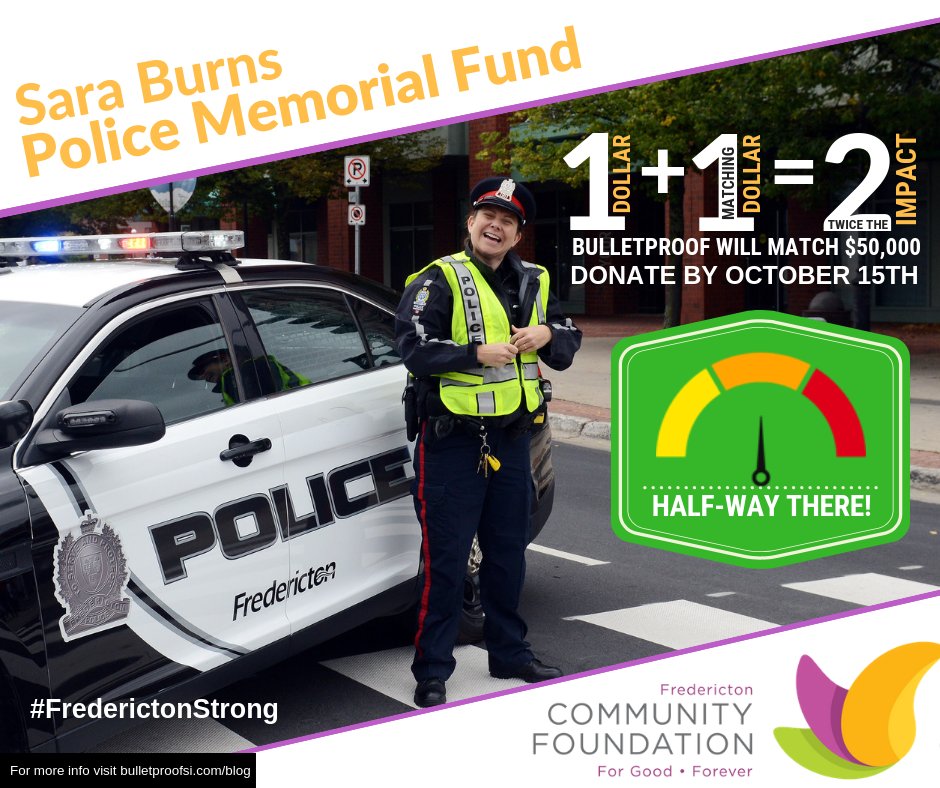 bulletproof_IT's tweet photo. Help us spread the word! Sara Burns Police Memorial Fund decals are ready for pickup at our #Fredericton office. Until Oct 15, we’ll match $50K in funds raised &amp; we’re HALF-WAY THERE! To donate to the fund: https://t.co/CDk4xDiz1S   #FrederictonStrong https://t.co/Vh5htIXqUM