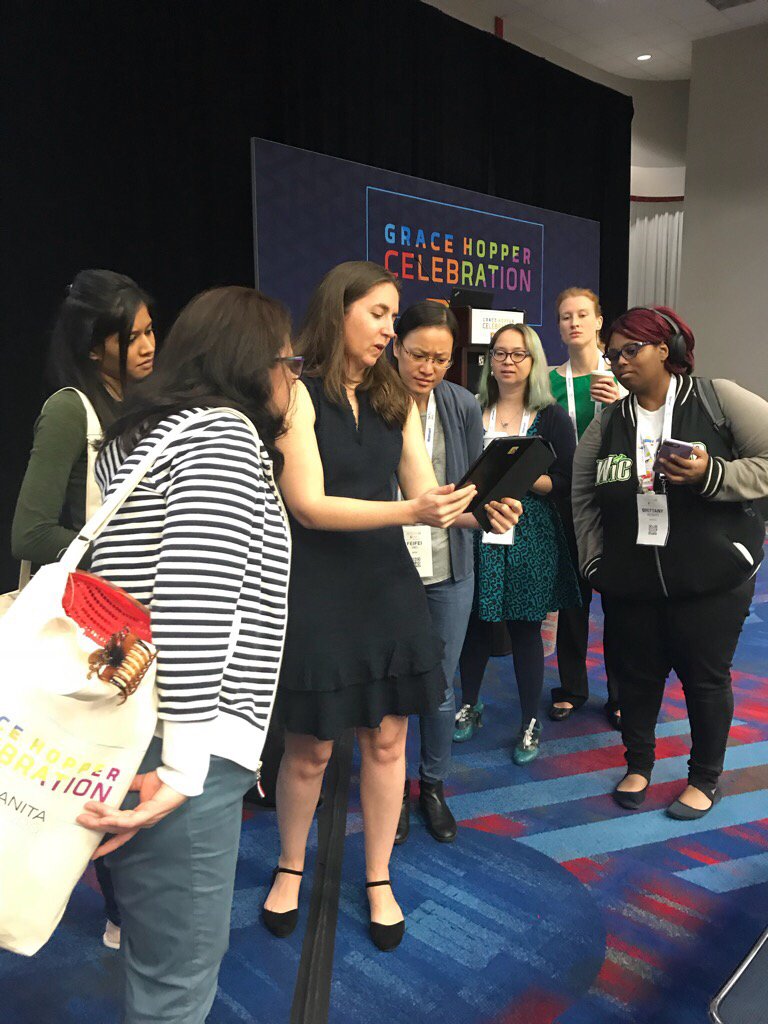 WayfairTech's tweet photo. We're immensely proud of #WayfairTech's @RebeccaWPerry after her #GHC18 presentation — a lot of interested folks checking out demos with her afterwards! Rock on, Rebecca 🤘 https://t.co/nA1DxtENz0