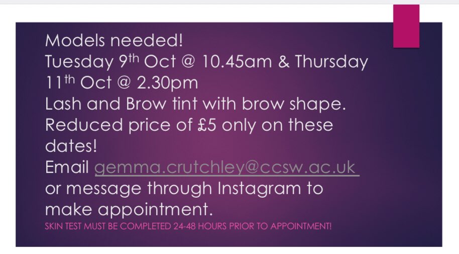 gemmacrutchley's tweet photo. Models required... grab yourself a introductory offer of our lash and brow tint service by our make up learners! They are ready and waiting for you!!! #supportourlearners #employabilityskills #theirreadyforassessments #fullservice #muapassion @ElementsSalons @CheshireCollSW https://t.co/ldzJqb1OJT
