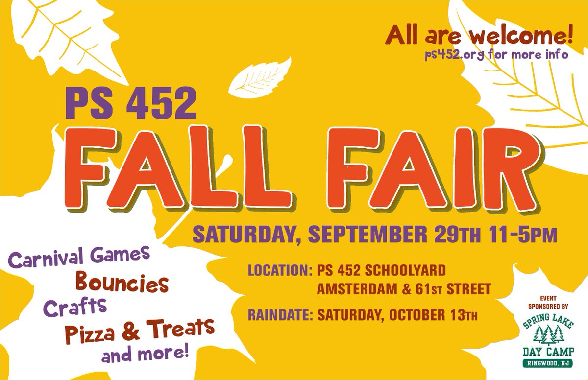 PS452NYC's tweet photo. Don't miss out on the PS 452 Fall Fair!
Saturday, September 29th from 11 am - 5 pm.
Games, bouncies, crafts, treats & more!
#inside452 https://t.co/bGxDm0SUJY