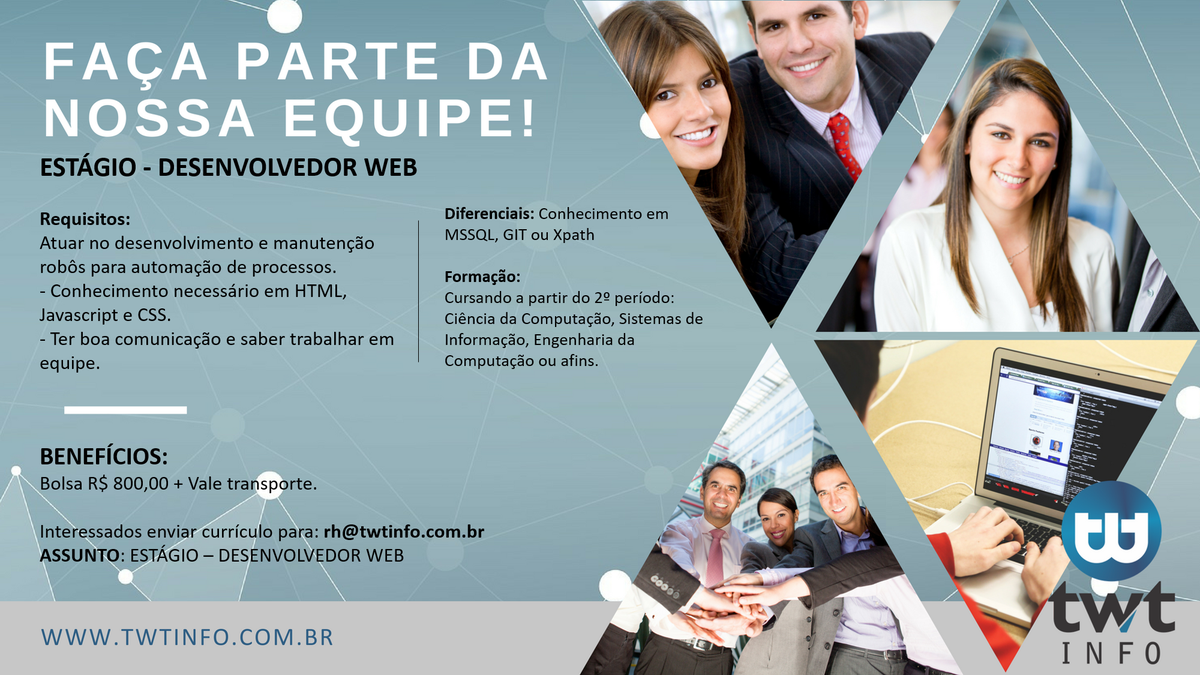 twtsoftware's tweet image. Mais uma oportunidade na TWT Info!
Venha fazer parte da nossa equipe!
Temos vaga disponível para Estágio - Desenvolvimento Web em BH. 
Caso possua os requisitos da vaga, envie seu currículo para rh@twtinfo.com.br

#TWTInfo #ADWwin #Vaga #Estagio #Desenvolvedorweb #BH