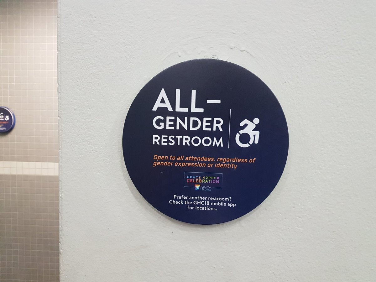 v_varsha's tweet photo. All the men's restrooms have been converted to all-gender ones for the conference. Nicely done, @ghc! #ghc18 https://t.co/72r9RrzArT