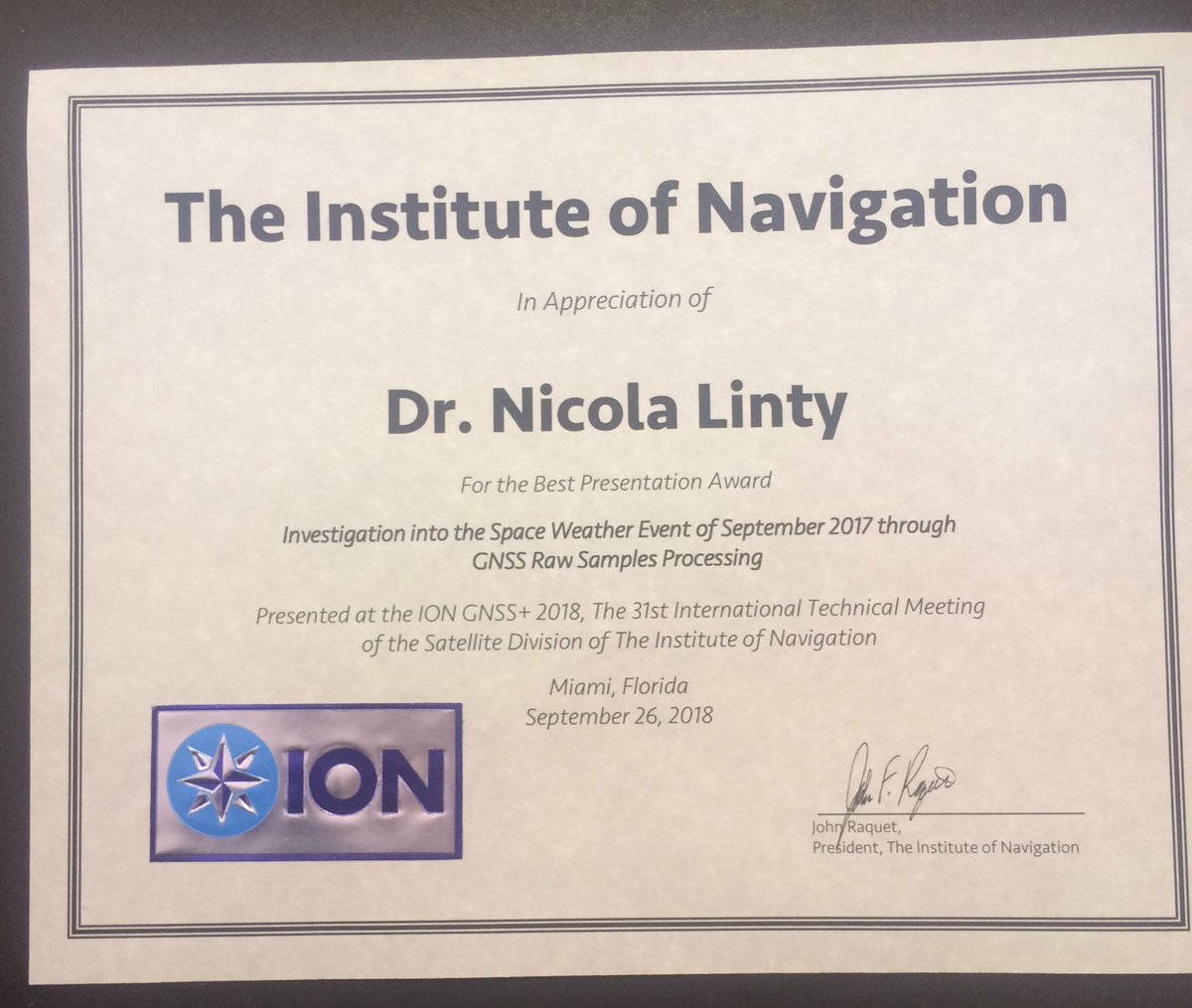 We are pleased to announce that <a href="/NicolaLinty/">Nicola Linty</a> won the best presentation award in the conference track about atmospheric sciences and space applications at the #IONGNSS for a work done in cooperation with <a href="/INGVterremoti/">INGVterremoti</a> <a href="/AlexMinetto/">Alex Minetto</a> <a href="/fdovis/">Fabio Dovis</a> <a href="/vinc_romano/">vincenzo romano</a>