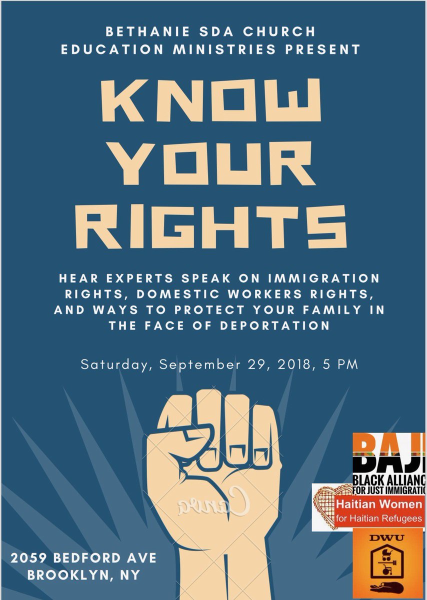 BAJItweet's tweet photo. Tomorrow! Join @BAJItweet in #Brooklyn for #BAJInyc Know Your Rights! Hear experts from @domesticworkers and Haitian Women for Haitian Refugees speak on immigrant rights, domestic worker rights and ways to protect loved ones who are facing deportation! https://t.co/qzpFAVPbq7