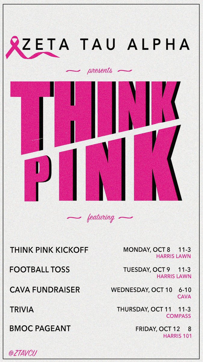 Make sure to check out our events for Think Pink week to support breast cancer education and awareness!!! It's gonna be a fun week that you won't want to miss!