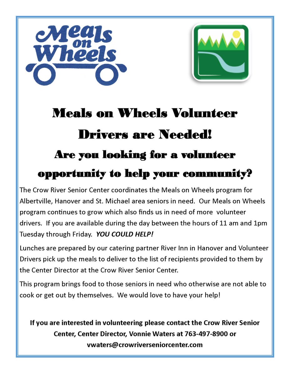 cityofstmichael's tweet photo. There's a need for Meals on Wheels drivers in this area. If interested, contact Vonnie at the Senior Center. https://t.co/UmLQZM86uF