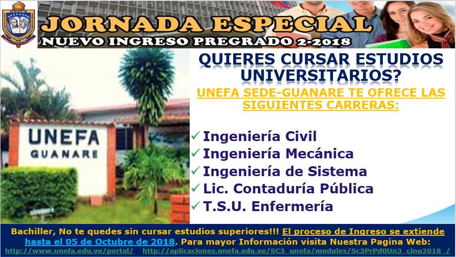 Natalysrivero's tweet photo. #AtentoUnefista  estudia tu carrera de Pregrado en la UNEFA  #JornadaEspecial  #NuevoIngresoPregradoII2018    prórroga hasta el viernes 05 de octubre 2018. https://t.co/s7j4yzOgm9