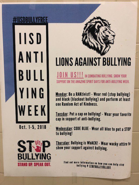 Alissaag02's tweet photo. @Lamar_MS Students join @IrvingISD as we work to combat bullying next week during Antibullying Week. Join us for the dress up spirit days. #iisdbullyfree https://t.co/G3v006nnD6
