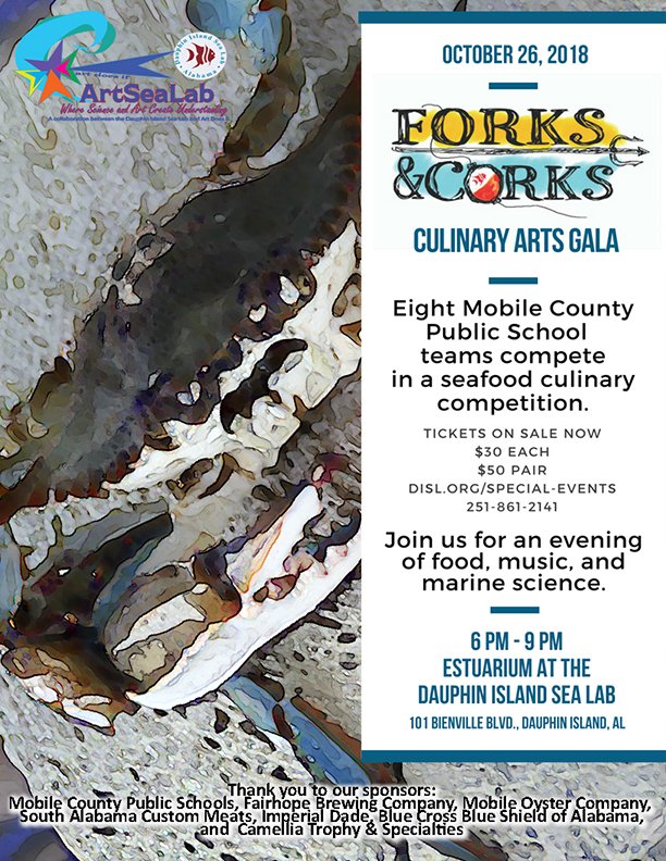 disealab's tweet photo. Get your tickets today to the Forks and Corks Culinary Arts Gala set for the end of October. The event kicks off the ArtSeaLab Festival weekend. Log on to https://t.co/qtW2AMxHcZ to get your tickets today. #artandscience #forksandcorks  #discoverdisl @MobilePublicSch https://t.co/OaThYzVeax