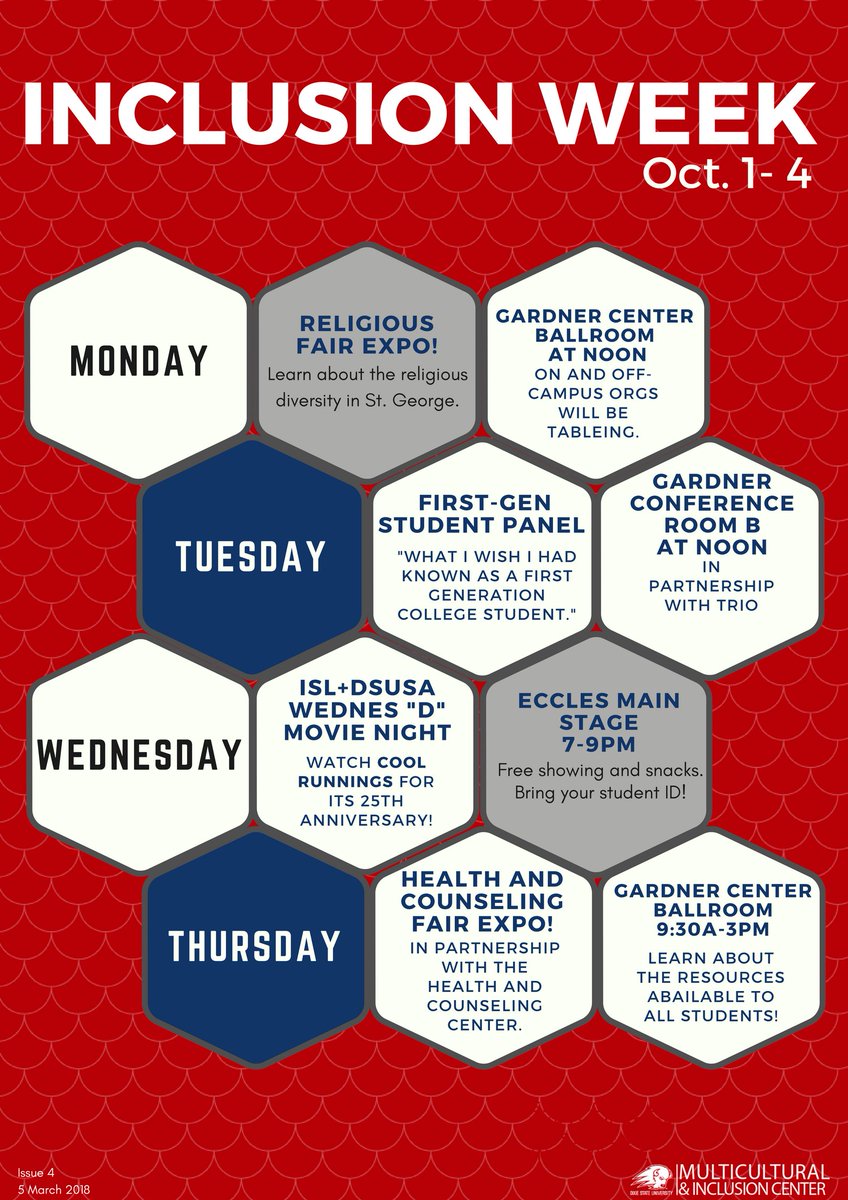 CIB_UT's tweet photo. Inclusion Week is almost here! Check out our events next week from Monday through Thursday, including a showing of Cool Runnings in collaboration with DSUSA.
#DixieMIC https://t.co/pQK9NbhymA