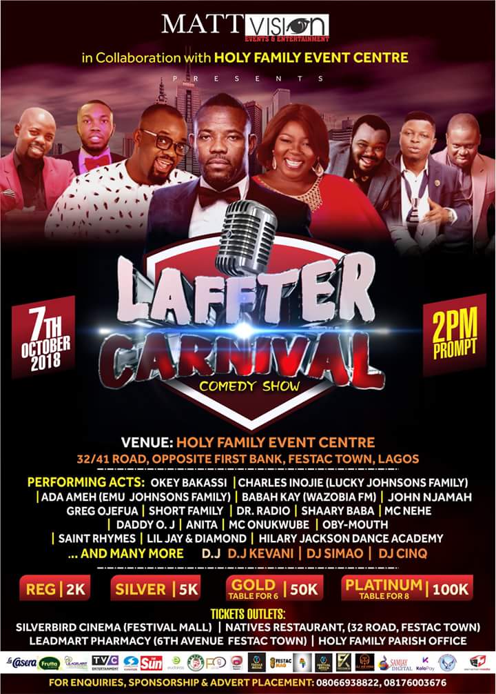 steve_ocheme's tweet photo. Laffter Carnival | 7th of Oct 2018 @Holy Family Event Center. #MattVisionEventAndEntertainment #LaffterCarnivalComedyshow #Nigeria #Lagos #Festac #sweetboysassociation #Comedy #nademdeyrushus #ShortFamily #APC #PDP #INEC #krakTv #BellaNaija #Lindaikeji #TundeEdnut https://t.co/XdybNxtOYZ