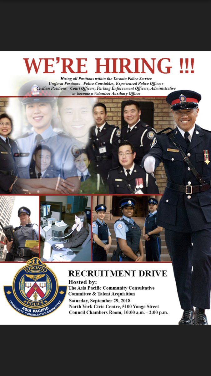 TPSRecruiting's tweet photo. We are looking to find great candidates to join our amazing service. We are hiring for all, Uniform, Special Constable, Parking Enforcement, Auxiliary Officers, and Civillian Positions. Come to our general information session tomorrow at the North York Civic Center from 10 - 2 PM https://t.co/tFoaJBqCSC