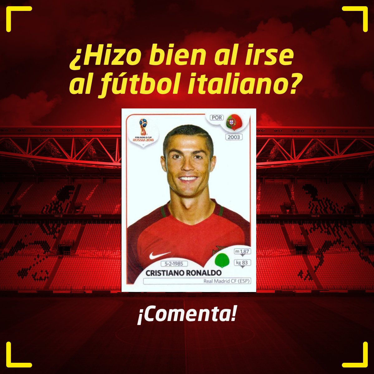 AlbumPaniniPA's tweet photo. Estrella con Portugal 🇵🇹 y en el fútbol español, Cristiano Ronaldo se fue al fútbol italiano a seguir marcando goles. Con sus primeros partidos, ¿Crees que fue buena decisi��n? #OpinaPanini 🤔💭 https://t.co/Kb9sER5awR