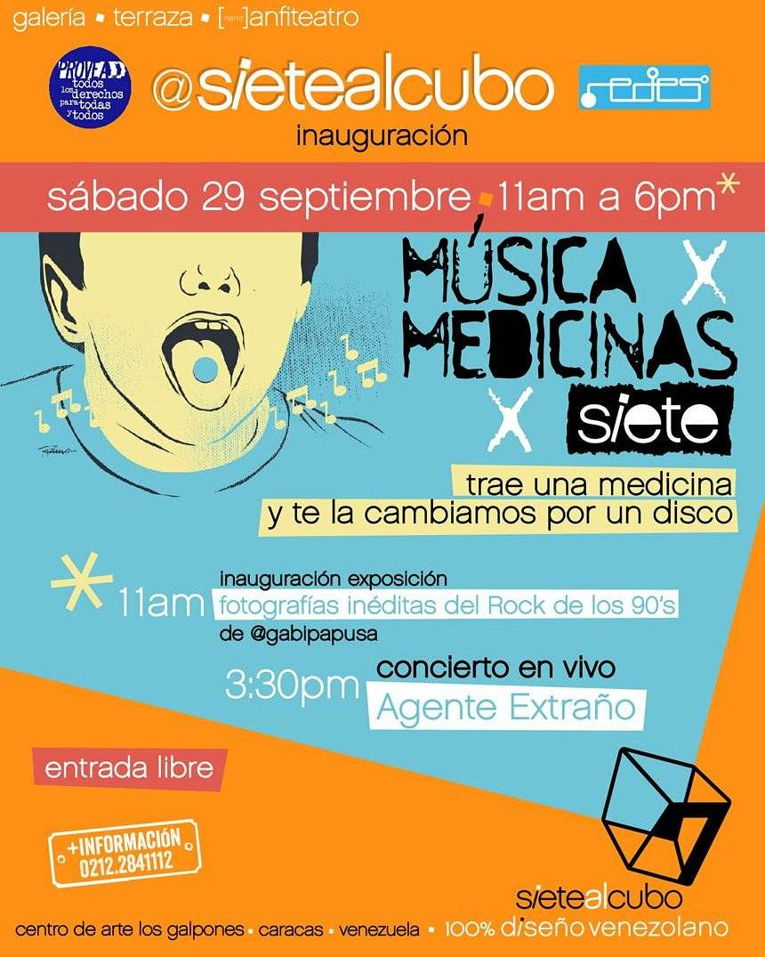 Mañana #29Sep acompáñanos en
#MúsicaXMedicinasXsiete
junto a <a href="/RedesAyuda/">RedesAyuda</a> 
• Fotografías de <a href="/gabipapusa/">gabi valladares o.</a> 📸
• @agenextra en vivo 🎸
¡Lleva tu medicina y la cambiamos por un disco!
🎵✖️💊
