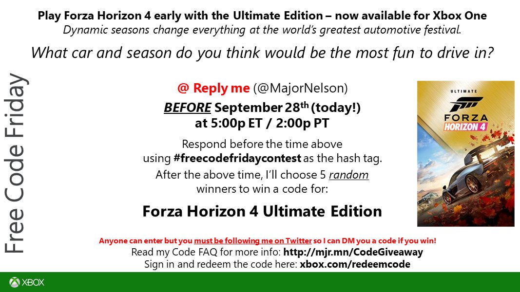 Larry Hryb 💫✨ on X: #FreeCodeFriday time. Read this and you could win a  code for Forza Horizon 3 Ultimate Edition on Xbox One. Good luck.   / X