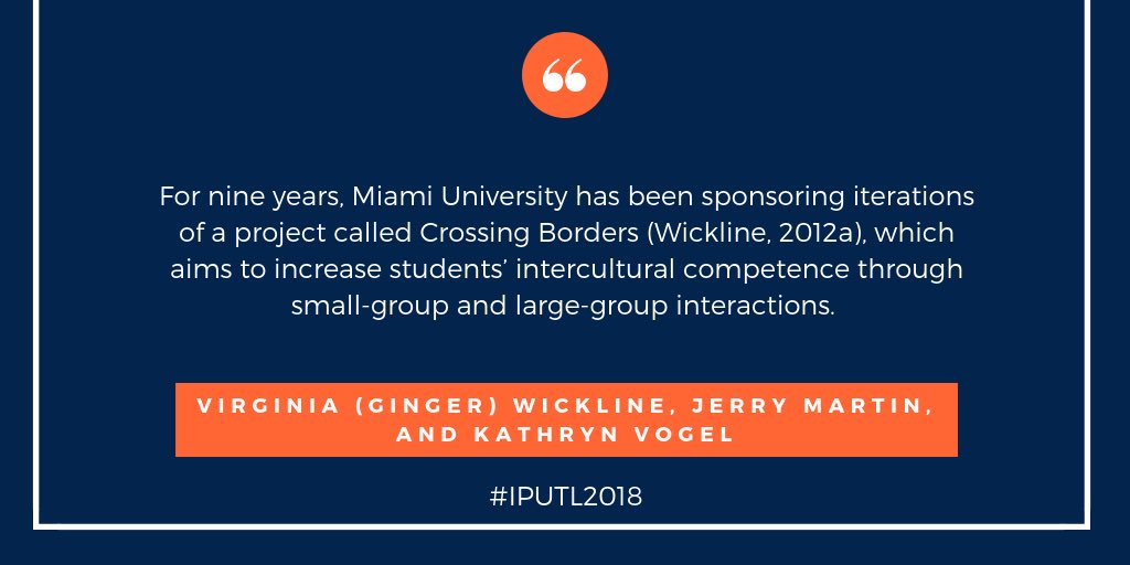 IPUTLS's tweet photo. Ginger Wickline, Jerry Martin & Kathryn Vogel from @miamiuniversity share “The Good, the Bad, the Hesitant, and the Indifferent: Lessons Learned from Sponsoring Cross-Cultural Partnerships...” in this week’s #FeatureFriday.
Read full essay at https://t.co/gYKfGOtx9V
#IPUTL2018 https://t.co/vjGaIfLOPa