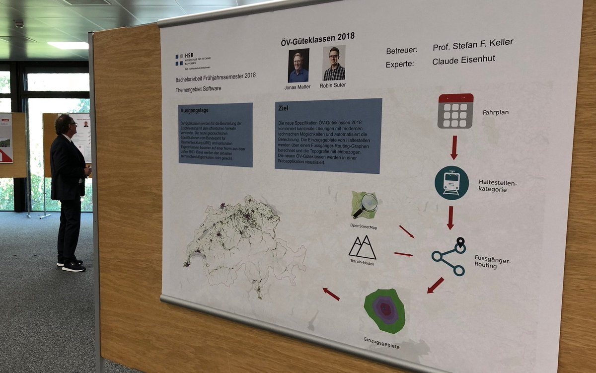 Der Diplom-Preis der Zühlke Engineering AG geht an die beiden Diplomanden Jonas Matter und Robin Suter für ihre von Prof. Stefan Keller betreute Arbeit "ÖV-Güteklassen 2018". Resultat ist eine detaillierte Karte der Erschliessung des öffentlichen Verkehrs der Schweiz. Gratulation