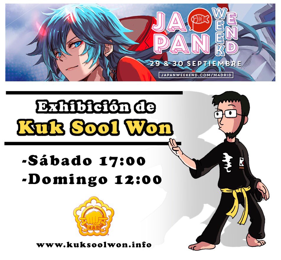 Kuksoolwonmad's tweet photo. Exhibición de Kuk Sool Won en el Japan Weekend, este sábado a las 17:00 y el domingo a las 12:00 h. ¡Os esperamos! También puedes hacernos una visita a nuestro stand https://t.co/c3S1sDW2N9
#japanweekend #japanweekendmadrid #artesmarciales #kuksoolwon #japon #manga https://t.co/Up5xABpIC2