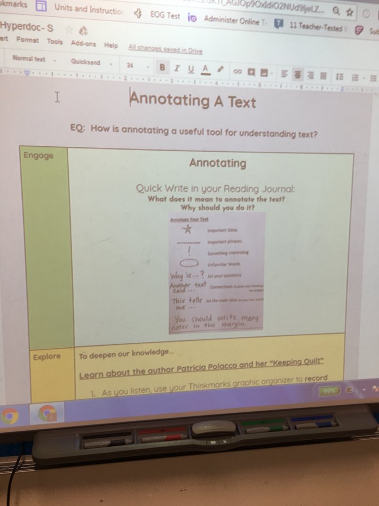 SwansonL16's tweet photo. We engaged in a #hyperdoc to explore each otherโs ideas. We also shared our #readingresponses and our annotations for the book โThe Keeping Quiltโ on @padlet #EESLearnandLead @EphesusElem https://t.co/bTRKzgF4t9