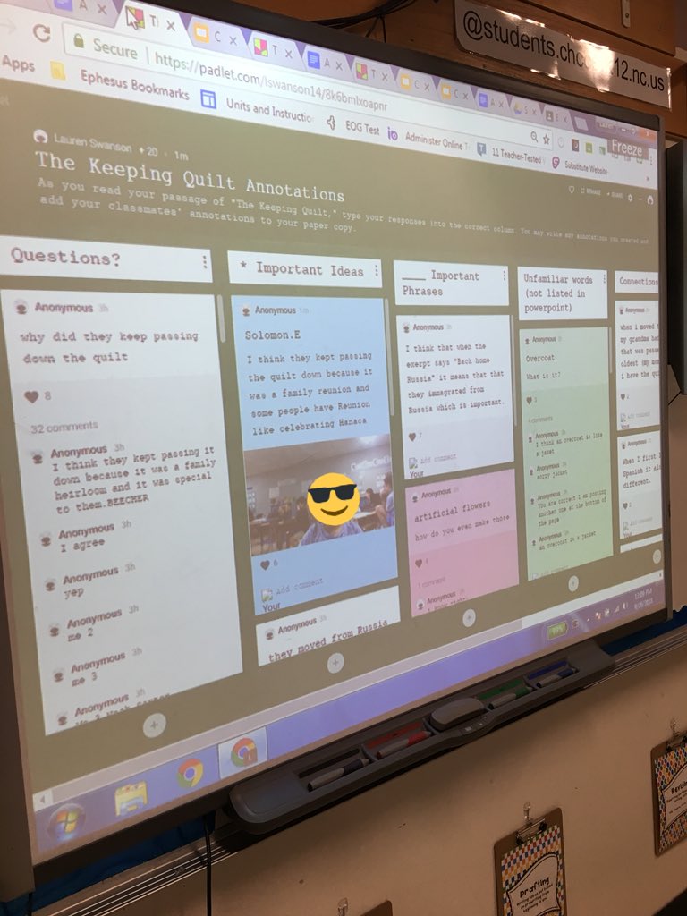 SwansonL16's tweet photo. We engaged in a #hyperdoc to explore each otherโs ideas. We also shared our #readingresponses and our annotations for the book โThe Keeping Quiltโ on @padlet #EESLearnandLead @EphesusElem https://t.co/bTRKzgF4t9