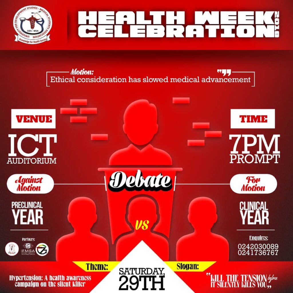 udsmsagh's tweet photo. UDS MSA Debate on the motion βEthical consideration has slowed medical advancementβ.
Donβt miss thisπ₯π₯π₯
#Letskillthetension
#Healthweek2018 https://t.co/aIErwlSG1c