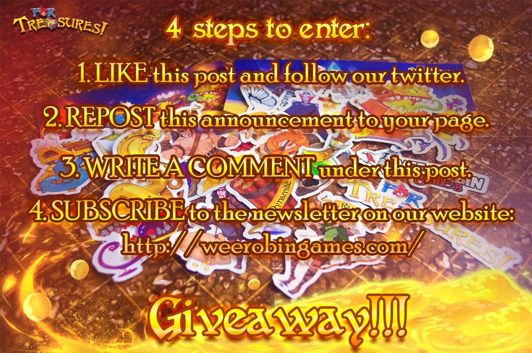 WeeRobinGames's tweet photo. Our weekly #giveaway is also in twitter now. 😉
Next Friday we’ll randomly define 3 winners from all our giveaway’s participants in different social networks. The winners will get a cool and vibrant #ForTreasures sticker pack.
A new giveaway each Friday!
https://t.co/2gDPhJmPor https://t.co/scWfEldiH1