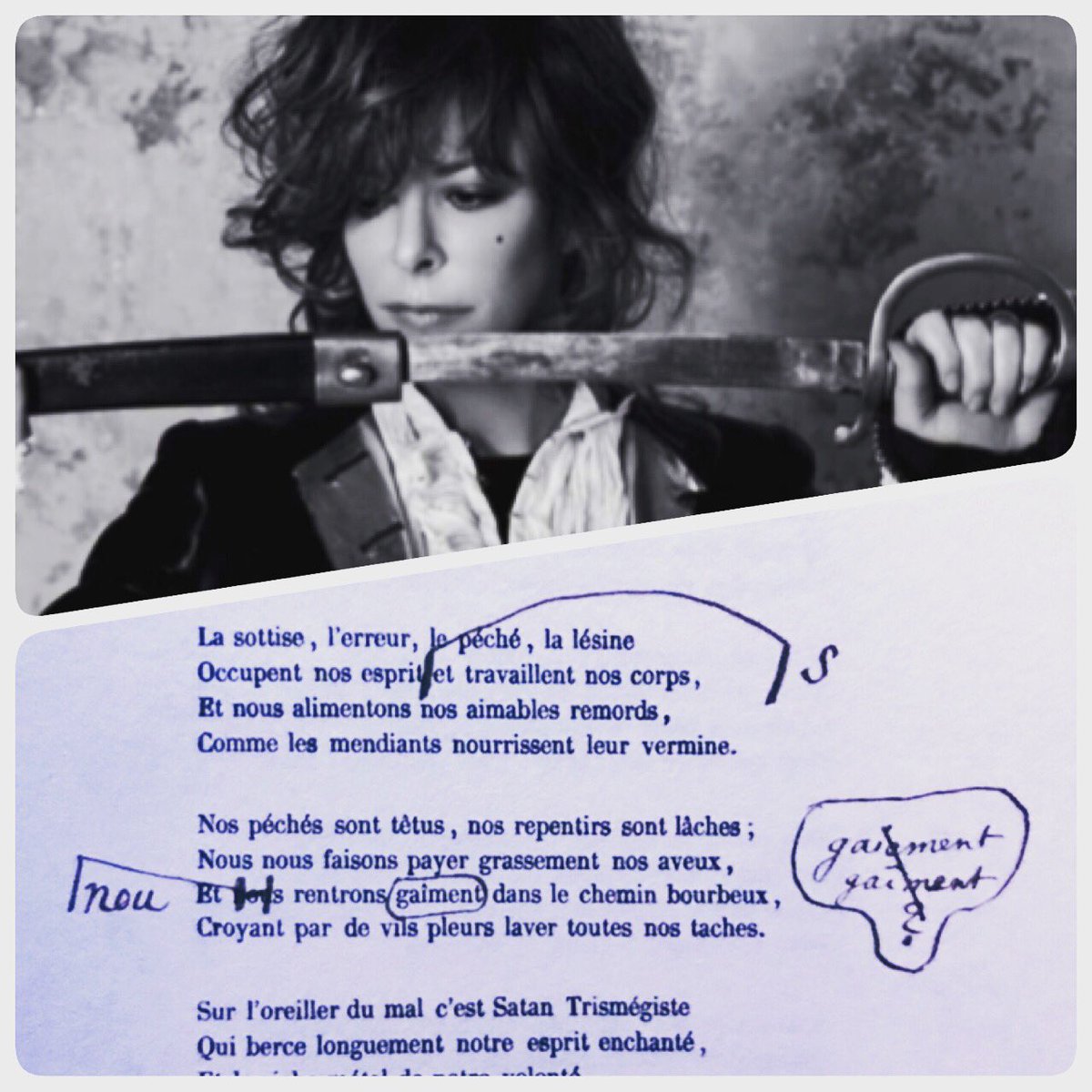 Trente ans après « L’horloge » Mylène Farmer pose sa voix sur « Au lecteur » extrait des « Fleurs du mal » de Charles Baudelaire.  (ici les épreuves corrigées des mains de Baudelaire, édition des Saint-Pères). #mylenefarmer #baudelaire #desobeissance