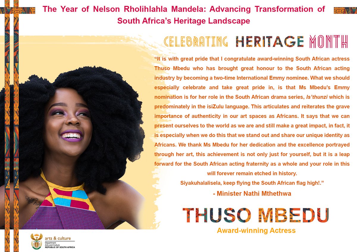 NathiMthethwaSA's tweet photo. It is with great pride that I congratulate award-winning Actress @ThusoMbedu for yet another International Emmy Award nomination. We welcome @ThusoMbedu's articulation of the importance of being authentic &amp; displaying what it means to be African on global platforms. https://t.co/ev9R7jDznt