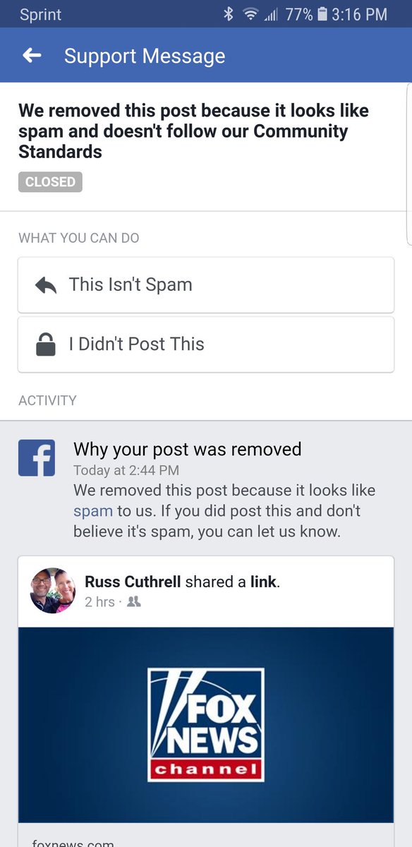 RussCuthrell's tweet image. So FB removed my link to fox news about 50 million accounts being compromised.... guess they don't like the bad PR.
