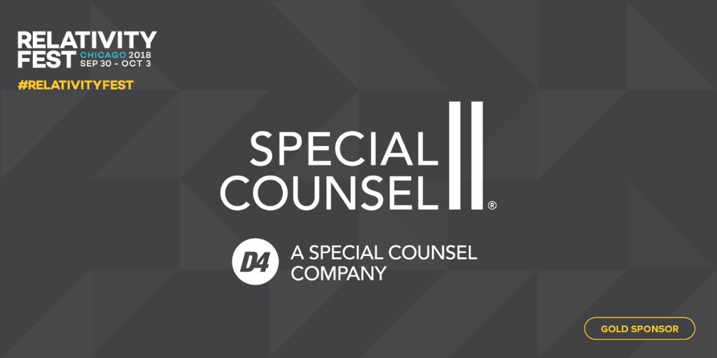 Looking forward to seeing sponsors <a href="/SpecialCounsel/">SpecialCounsel</a> &amp; <a href="/D4discovery/">D4</a> at #RelativityFest ow.ly/updJ50jf9EF ow.ly/vfB950jf9EG #ediscovery #legaltech