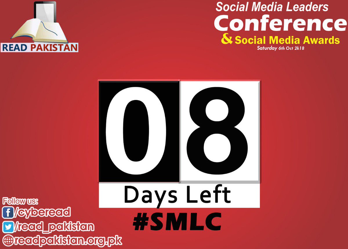 ereadpak's tweet photo. Only 8 days left for Pakistan's first ever Social media leaders conference (SMLC) happening at Islamabad on 6th October.
Are you readdy?
#SMLC
#ReadPakistan https://t.co/c6aj1FGv8p