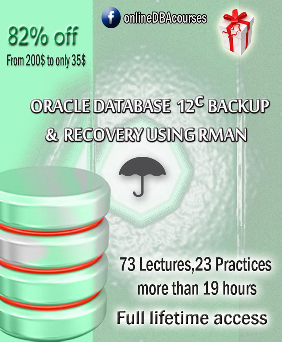 OracleCourse's tweet photo. Take your opportunity NOW 82%off
Oracle Database 12c Backup and Recovery using RMAN
From 200$ to 35$ only
No course covers the same topics!
a coupon is:
https://t.co/5nlfqubE7p
#innovation #chatbots #podcast #Sanofi #TIBCOIntegration #BW #PluginforSAP #blockchain #SmartContracts https://t.co/EHACQE4o9w
