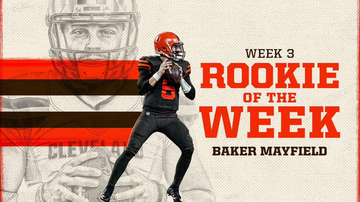 Browns's tweet photo. QB @bakermayfield has been voted @NFL Rookie of the Week! 🙌 https://t.co/AtNQZHd9yC