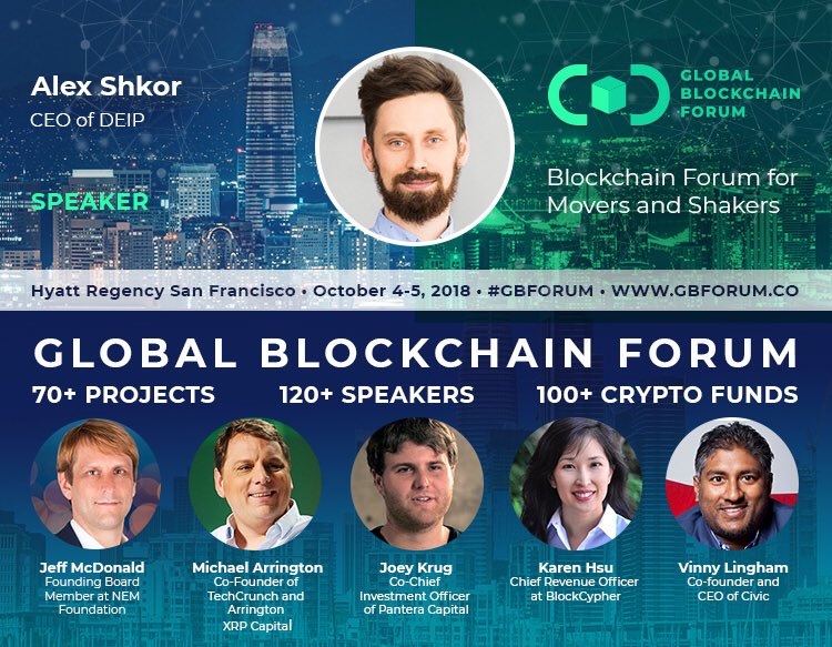 Great news today – Alex Shkor, DEIP’s CEO, was invited as a speaker to <a href="/G_B_Forum/">Global Blockchain Forum</a> in SF – to discuss the future of governance &amp; data. Happy to join <a href="/arrington/">Michael Arrington 🏴‍☠️</a>, <a href="/joeykrug/">Joey Krug</a>, <a href="/karenhsumar/">Karen Hsu</a>, @VinnysLignham, <a href="/garrytan/">Garry Tan</a>, <a href="/Mashinsky/">Alex Mashinsky</a> &amp; other industry groundbreakers! bit.ly/2OPnOVw