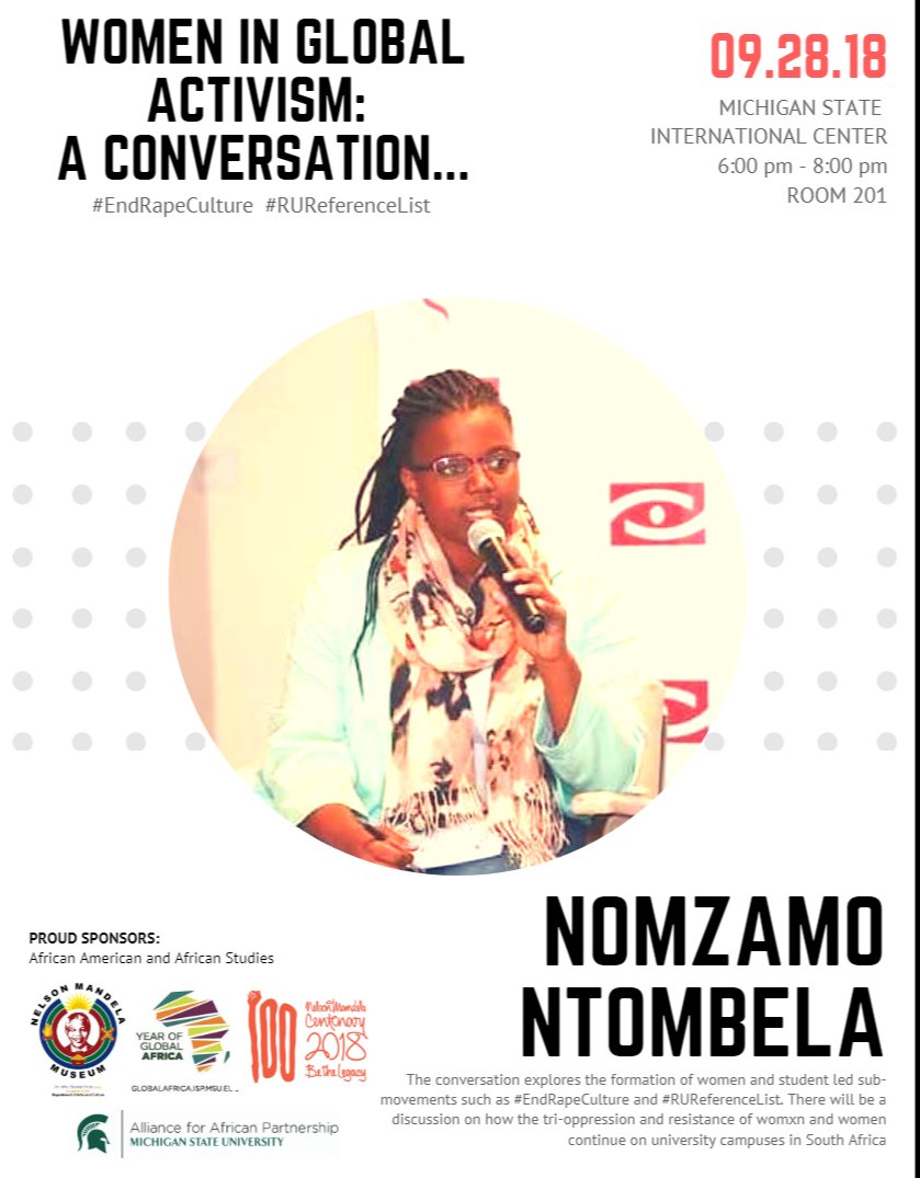 Come to the Women in Activism discussion tonight for a South African and US perspective! Women Only
