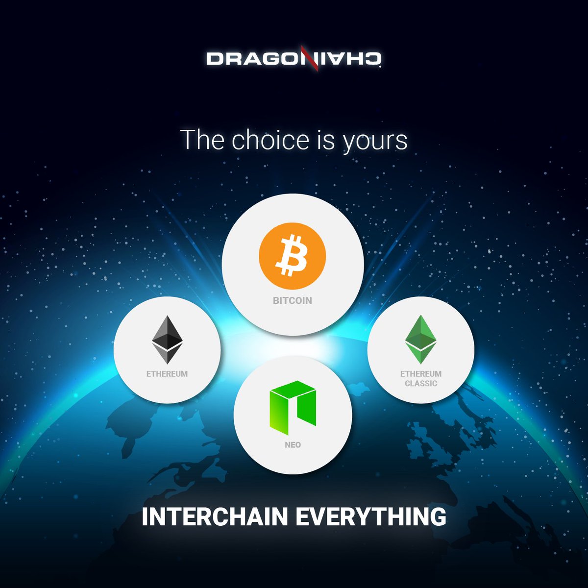 dragonchain's tweet photo. You can Interchain (patent pending) with #ETH, #ETC, #NEO, and #BTC. Right now. We Interchain with any #blockchain that brings value to our customers. Which one do you want to see next? https://t.co/a4C2zqi800