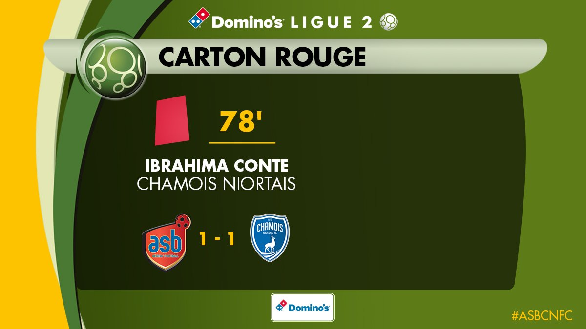 Ligue2BKT's tweet photo. 🔴 Carton rouge pour @IbrahimaConte8, les @ChamoisNiortais vont terminer le match à 10 ! #ASBCNFC https://t.co/y83o7OyPRT