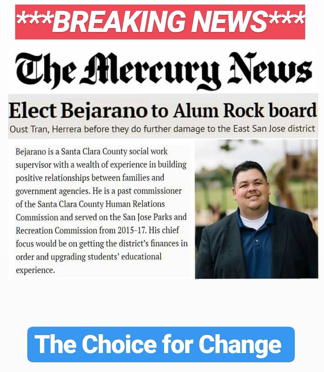 esanjosechicano's tweet photo. 📣***BREAKING NEWS***📣 San José Mercury News Endorses Bejarano for Alum Rock School District Board of Trustees #AlumRock #AlumRockSchoolDistrict #ARUSD #EastSanJose #EastSanJoseMatters #SanJose #ernestob4arusd #TheChoiceForChange #EastFoothills #thealumrock3 https://t.co/Wm2Vb4qmGy
