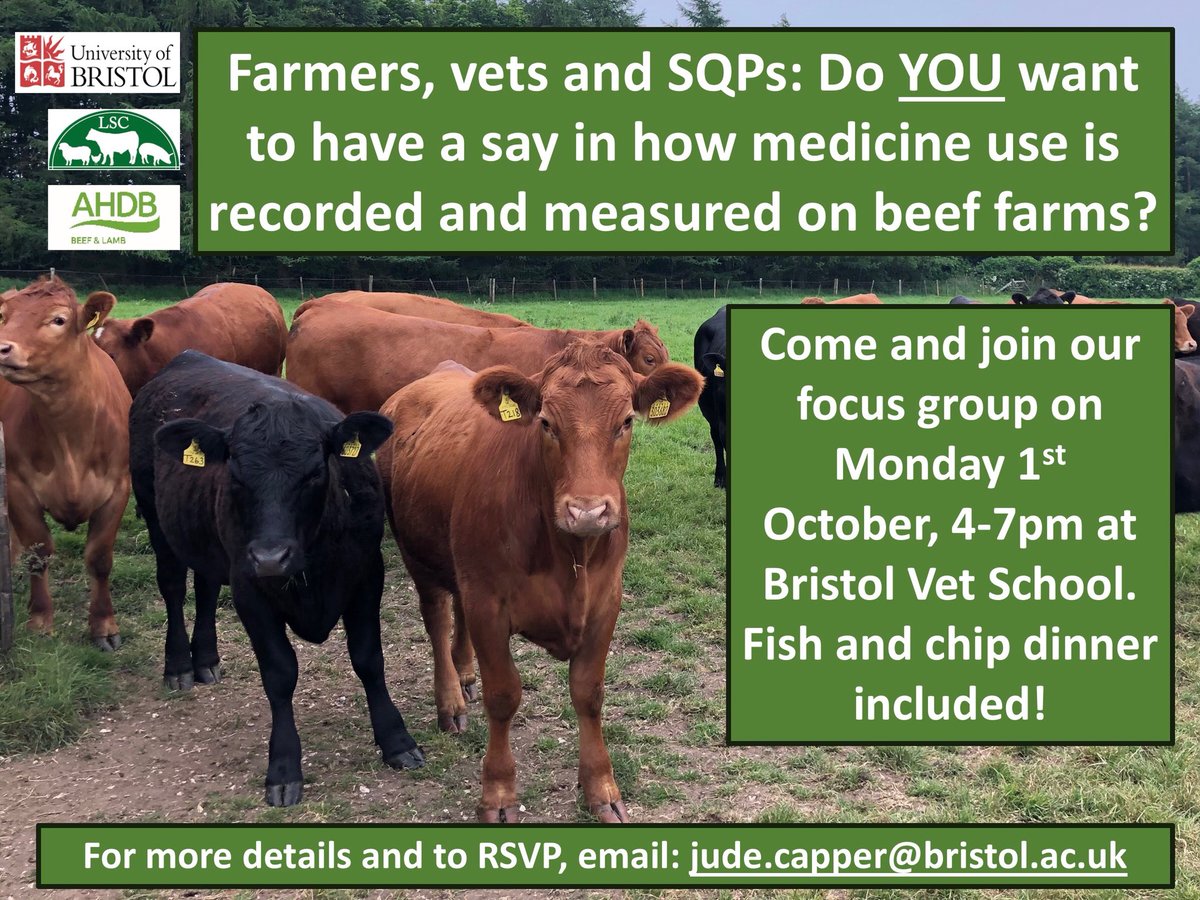 AMR Force (@amrforce) on Twitter photo Are you a #beef #farmer, #vet or SQP? Want to have your say in how on-farm medicine use is measured and benchmarked? Come along to MONDAY’s focus group, 4-7pm at Bristol Vet School (Langford), give us your views and enjoy fish and chips! <a href="/davidbarrettvet/">Prof. David Barrett 🇺🇦</a> <a href="/jonny_boy27/">Jon Massey 🐄 📊</a> Are you a #beef #farmer, #vet or SQP? Want to have your say in how on-farm medicine use is measured and benchmarked? Come along to MONDAY’s focus group, 4-7pm at Bristol Vet School (Langford), give us your views and enjoy fish and chips! <a href="/davidbarrettvet/">Prof. David Barrett 🇺🇦</a> <a href="/jonny_boy27/">Jon Massey 🐄 📊</a>