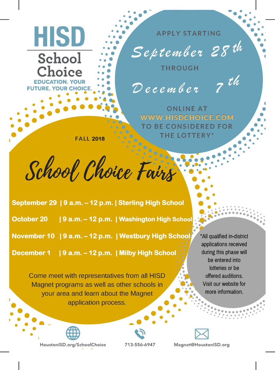HoustonISD's tweet photo. Looking to explore #HISD magnet programs for the 2019-2020 school year? Join the Office of School Choice for the first of 4 school choice fairs tomorrow (Sept. 29) at @SterlingRaider. Applications are available today for magnet selections: https://t.co/W5Uf0e7Mfd https://t.co/3yzGxvrVGZ