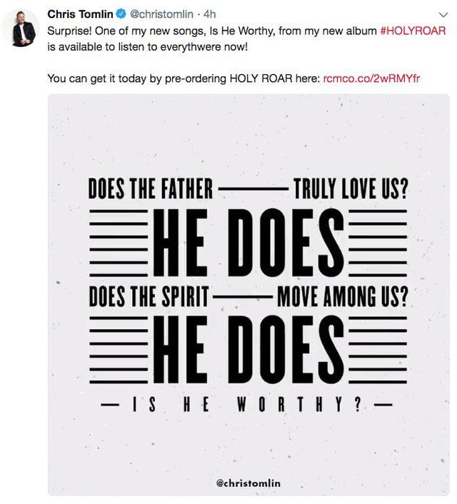 AndrewPeterson's tweet photo. Just had the surreal pleasure of buying @ChrisTomlin's cover of "Is He Worthy?" on iTunes, just because it felt good. He and his team did an awesome job with it--brought tears to my eyes, and I pray the song reaches deep and wide. Link to album in my proโฆ https://t.co/gw3ucghJyP https://t.co/GtDQSUxsvh