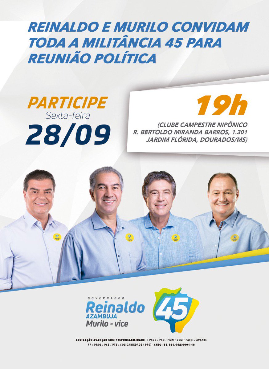 murilo_zauith's tweet photo. Hoje é a vez de Dourados. Reunião com Reinaldo, Murilo e os candidatos ao senado Nelson Trad Filho e Marcelo Miglioli. Será a festa da democracia. Esperamos por você.
#tamojuntodenovo
#reinaldoemurilo45 https://t.co/NHq4pwp44G